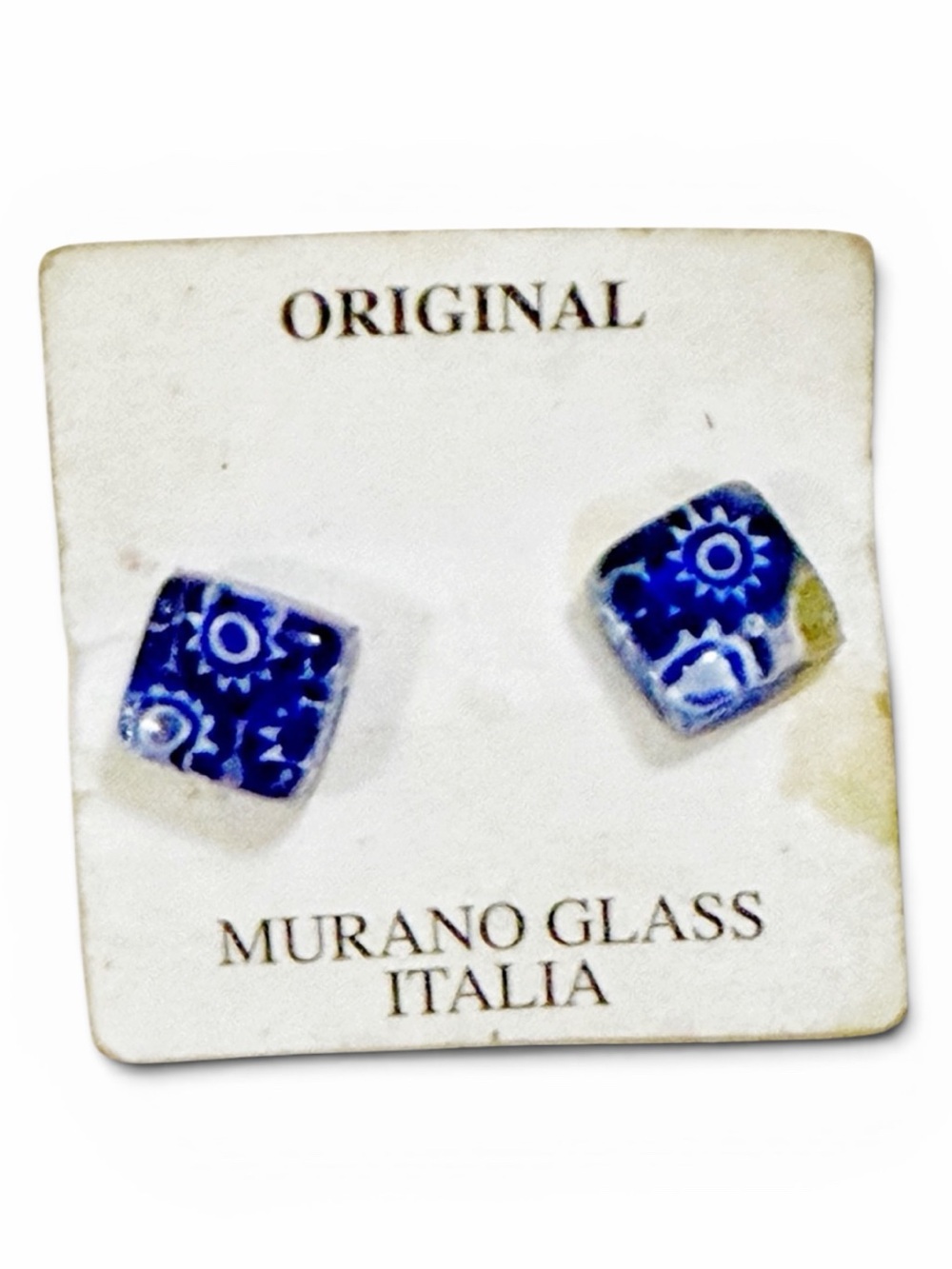 Vintage Murano Blue and White Floral Cube Stud Earrings